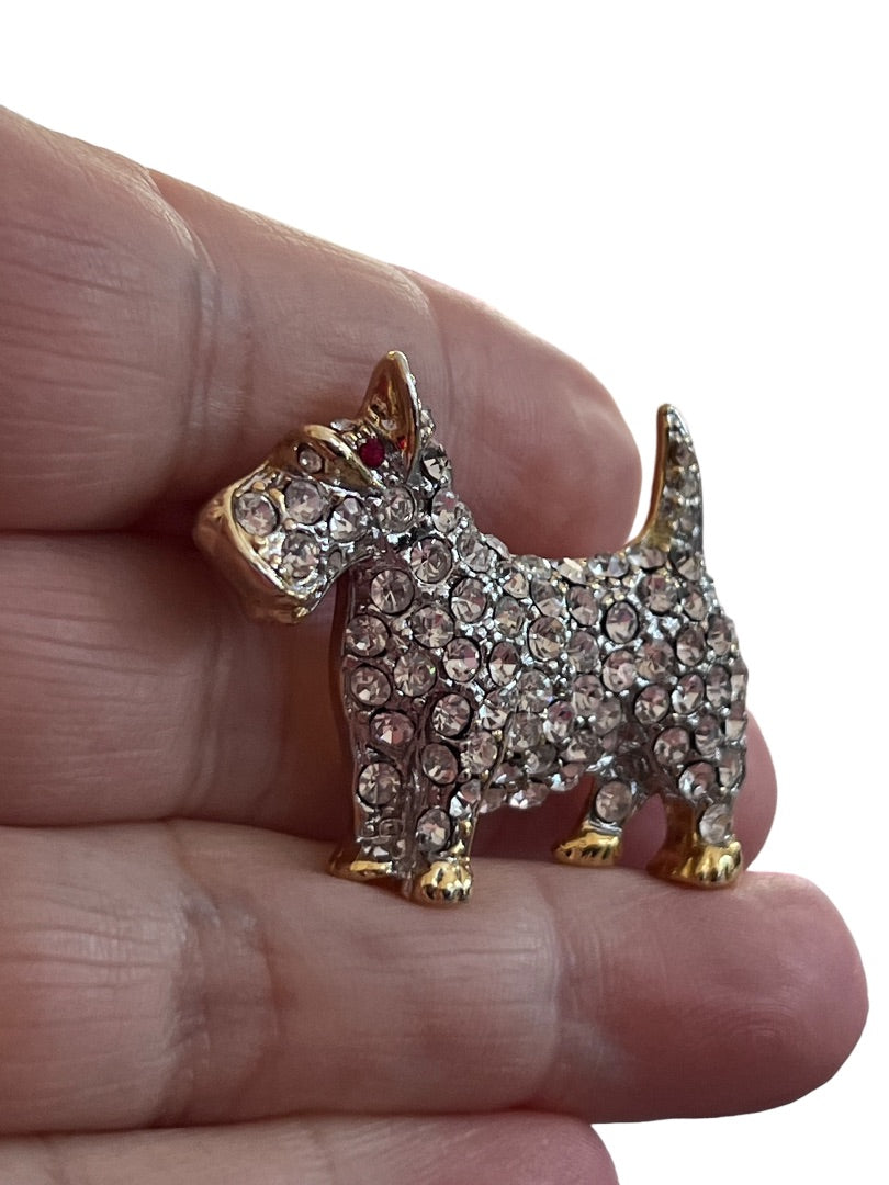 Scotty Terrier Dog Jeweled with Crystals Brooch Gold Tone