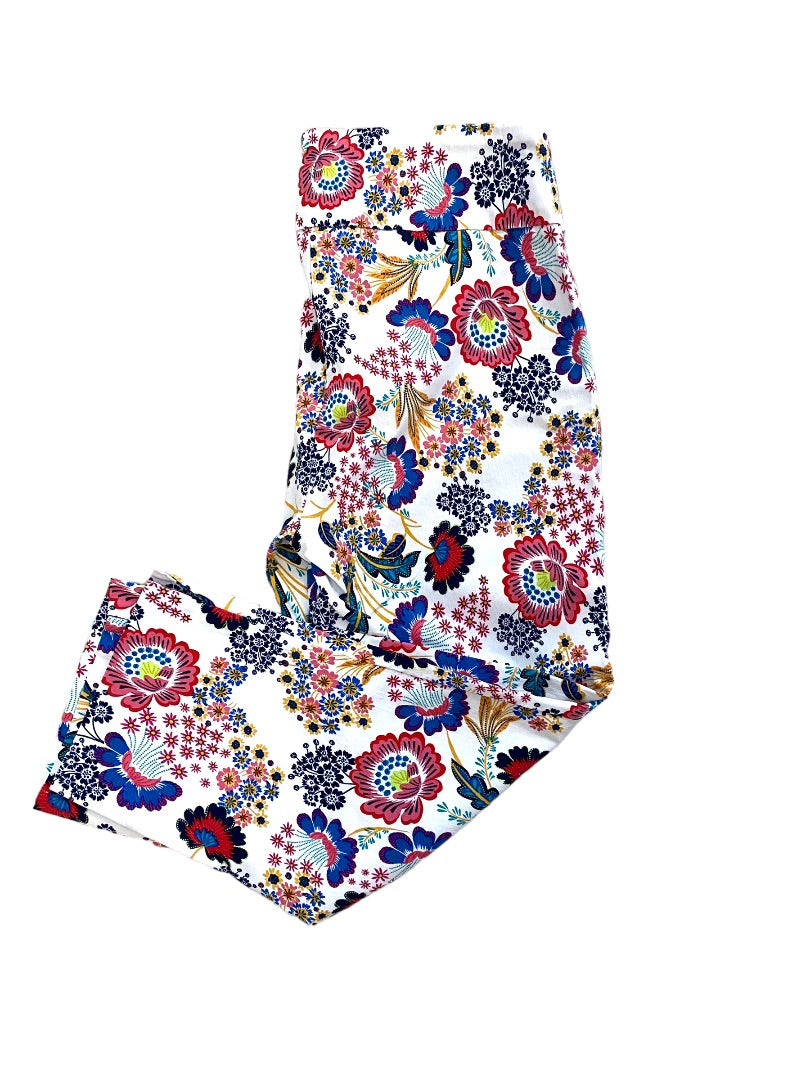 Size 10 Zac & Rachel Floral White Crop Pants Pull On Taper