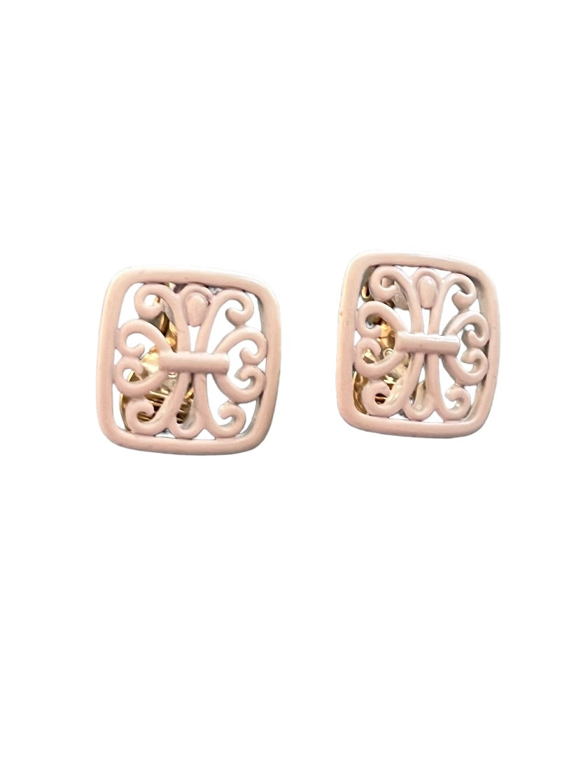 Vintage Monet White Enamel Filagree Square Earrings Clip On Preppy