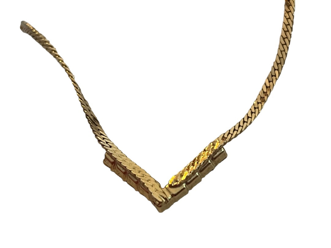 17" Serpentine Gold Tone V Shaped Rhinestone Inlaid Necklace