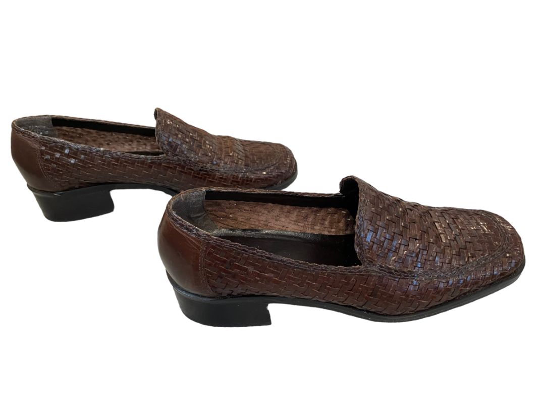 9N Enzo Angiolini Dark Brown Woven Leather Blaock Heel Flats Career Shoes
