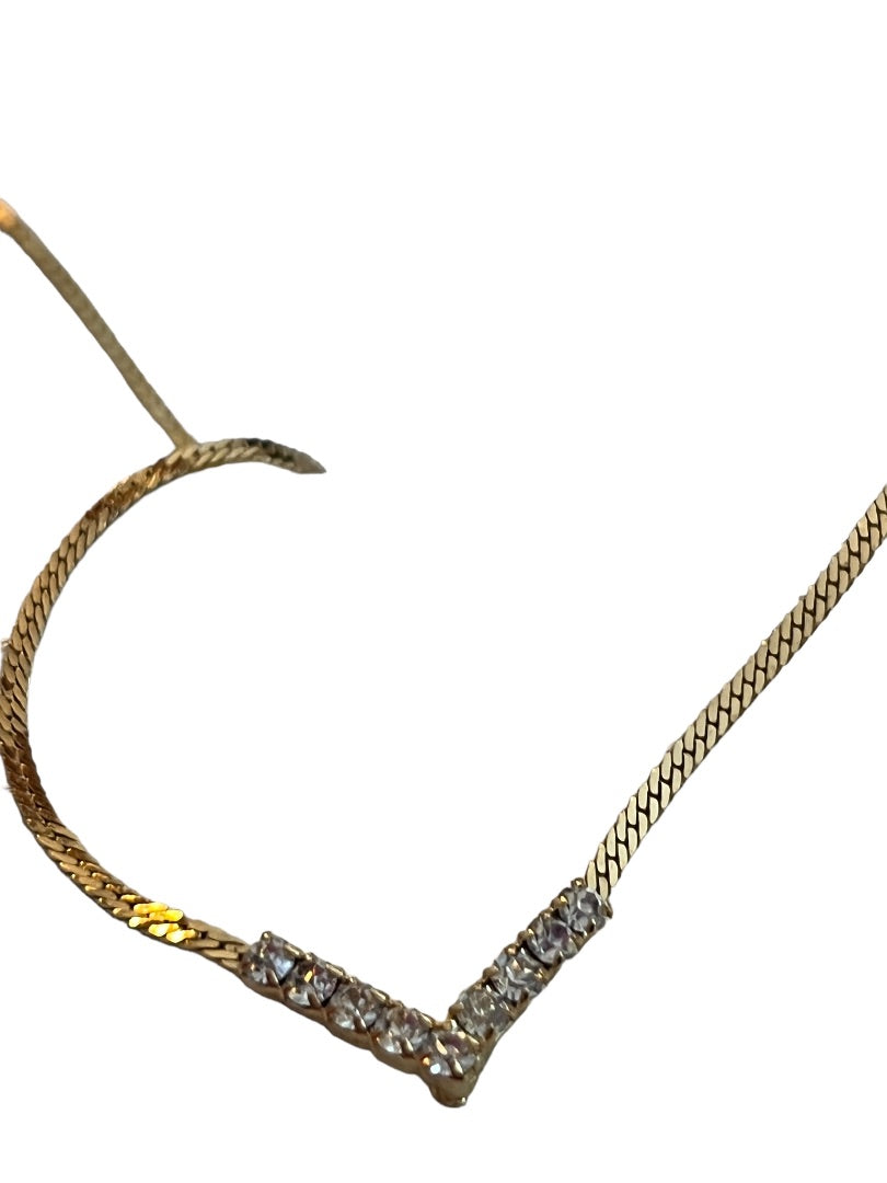 17" Serpentine Gold Tone V Shaped Rhinestone Inlaid Necklace