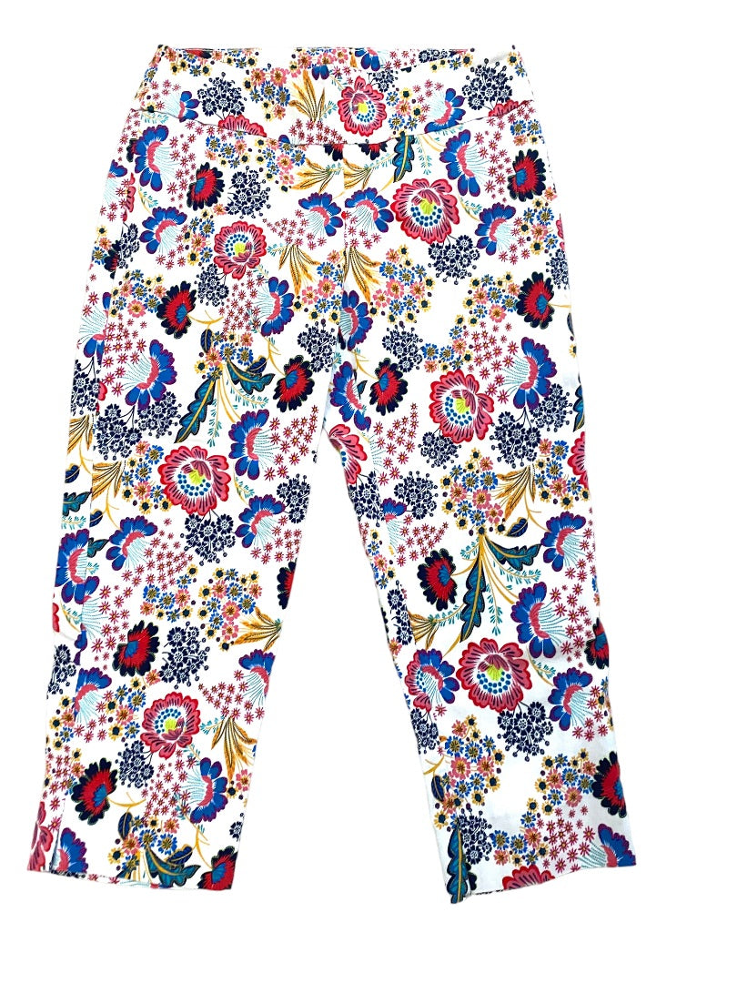 Size 10 Zac & Rachel Floral White Crop Pants Pull On Taper
