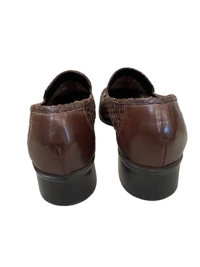 9N Enzo Angiolini Dark Brown Woven Leather Blaock Heel Flats Career Shoes