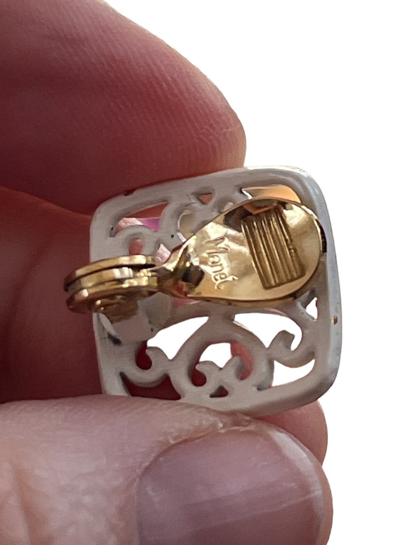 Vintage Monet White Enamel Filagree Square Earrings Clip On Preppy