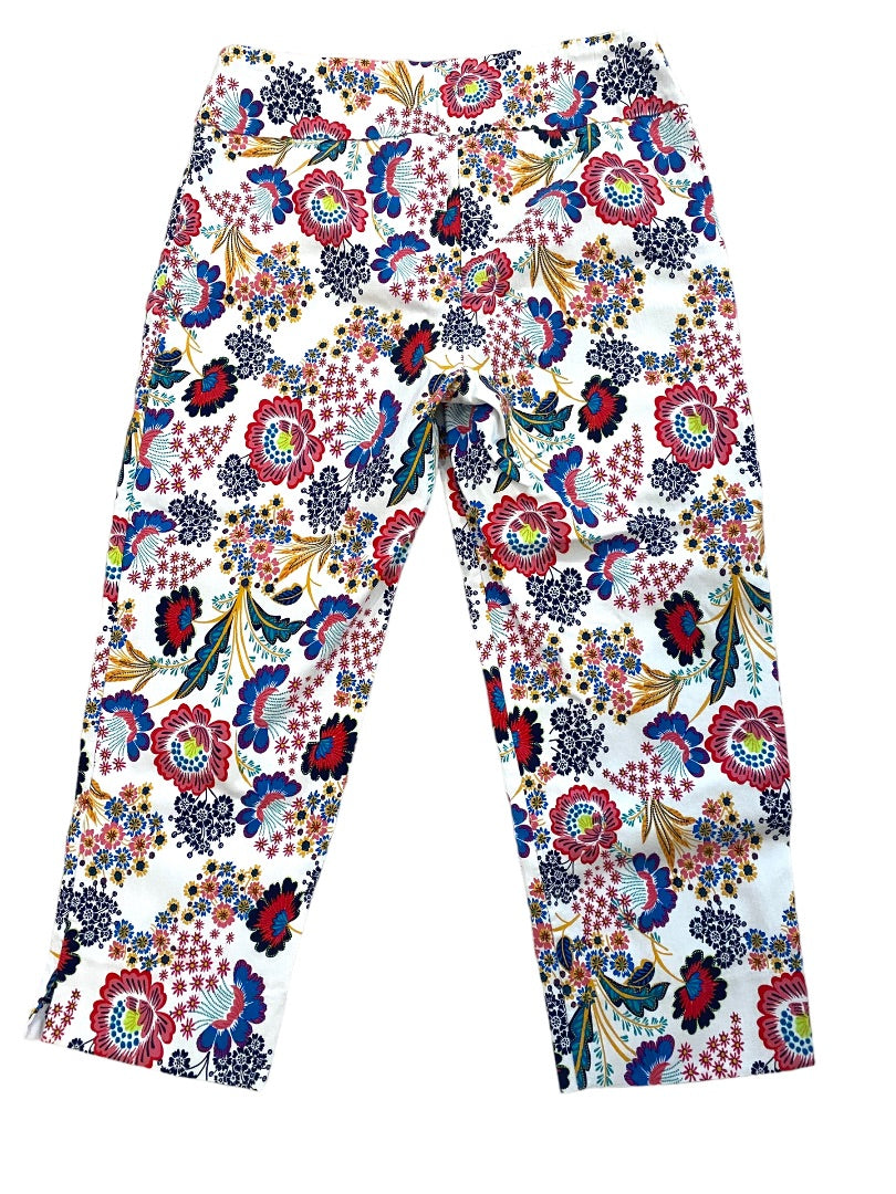 Size 10 Zac & Rachel Floral White Crop Pants Pull On Taper