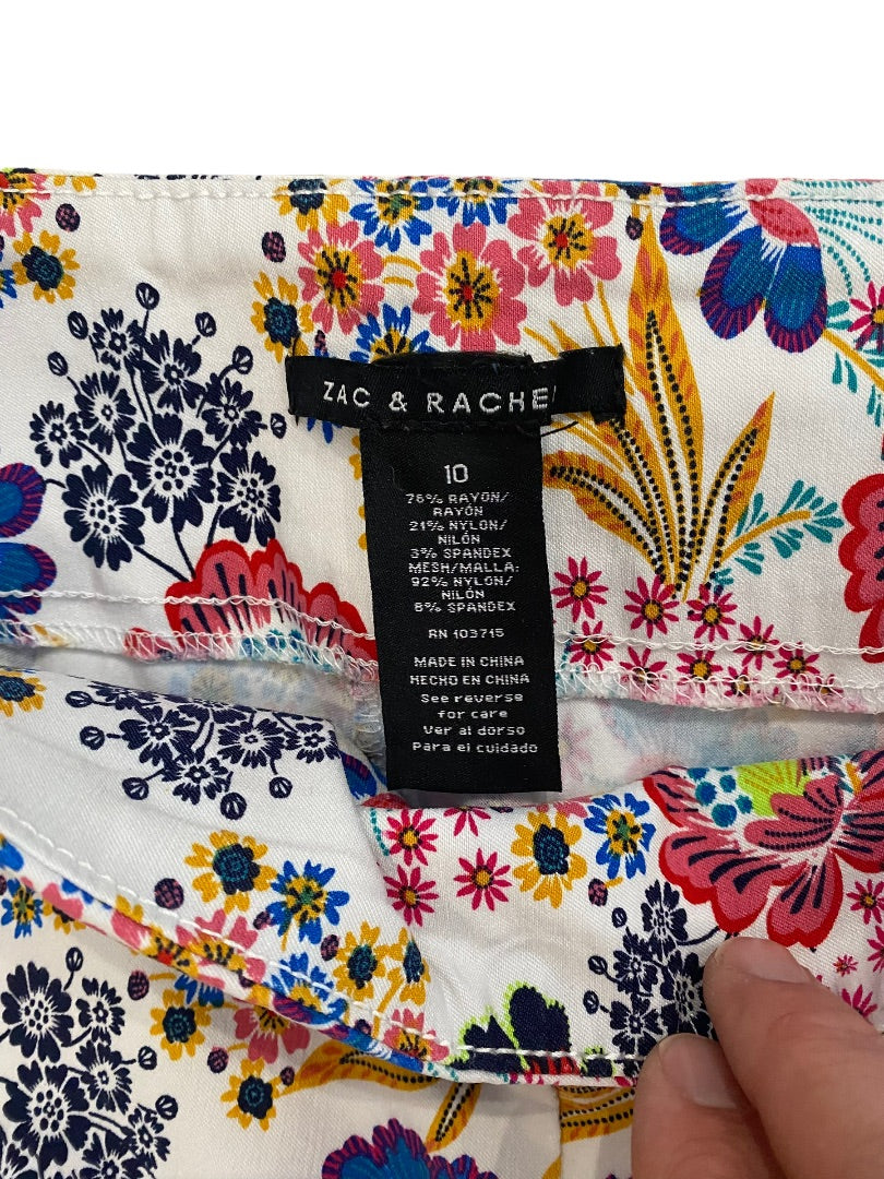 Size 10 Zac & Rachel Floral White Crop Pants Pull On Taper