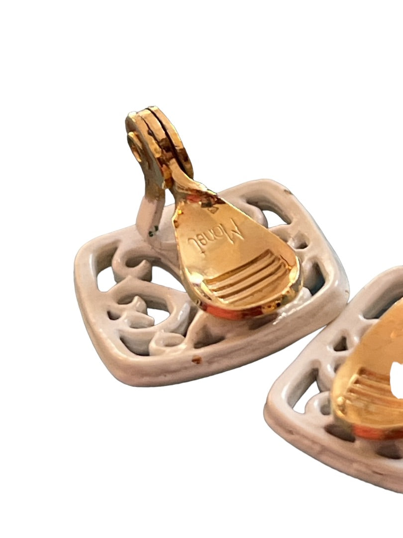 Vintage Monet White Enamel Filagree Square Earrings Clip On Preppy