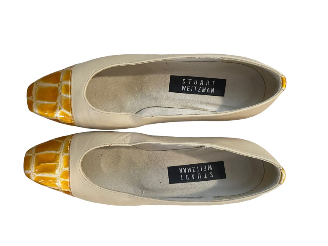 9 B Stuart Weitzman Cream Gold Dress Pumps Croc Embossed Accents