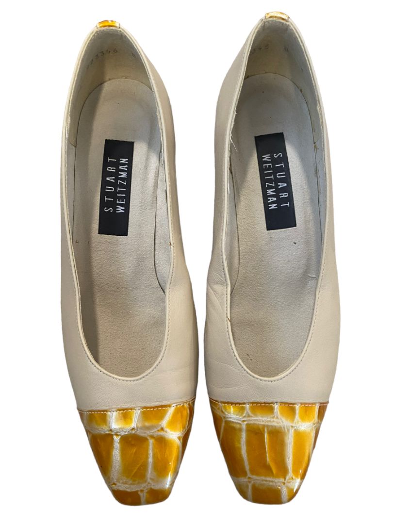 9 B Stuart Weitzman Cream Gold Dress Pumps Croc Embossed Accents
