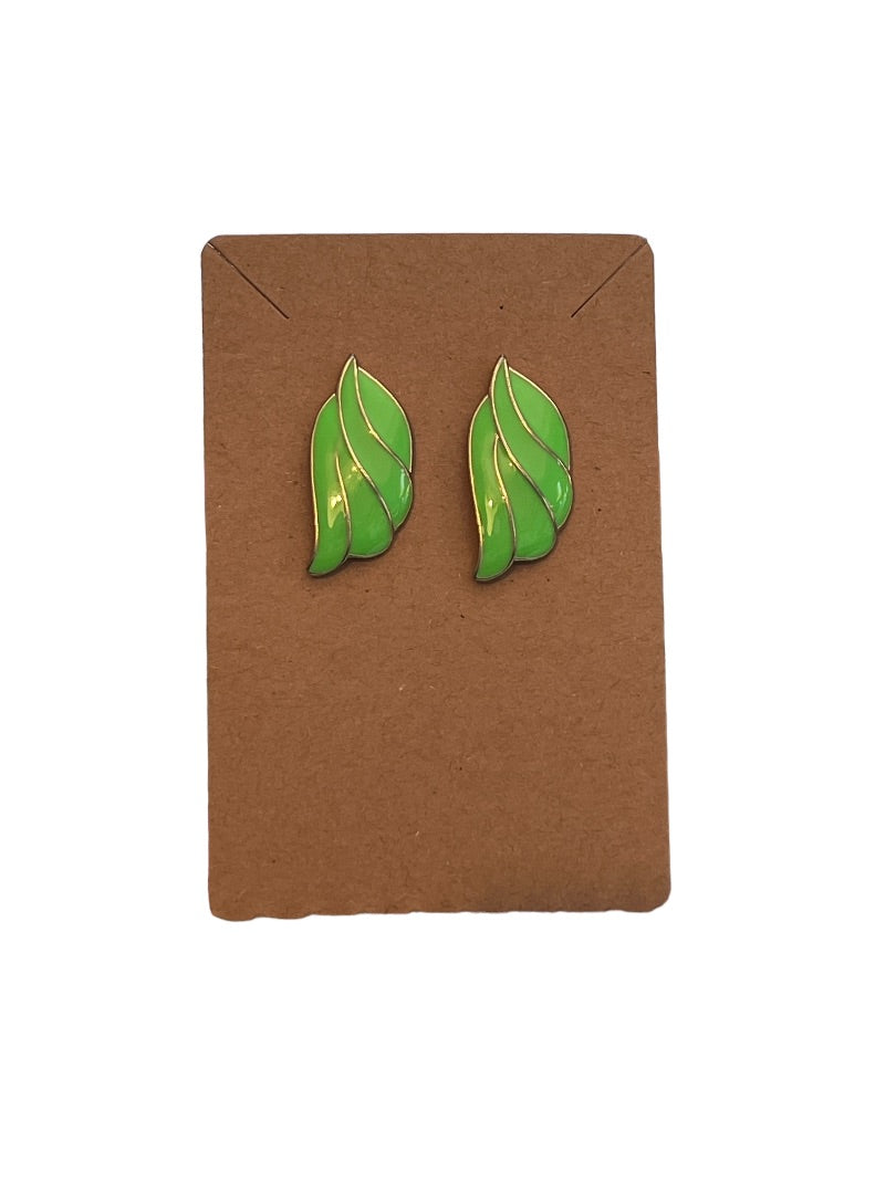 Vintage Goldtone Green Enamel Leaf Shape Post Earrings