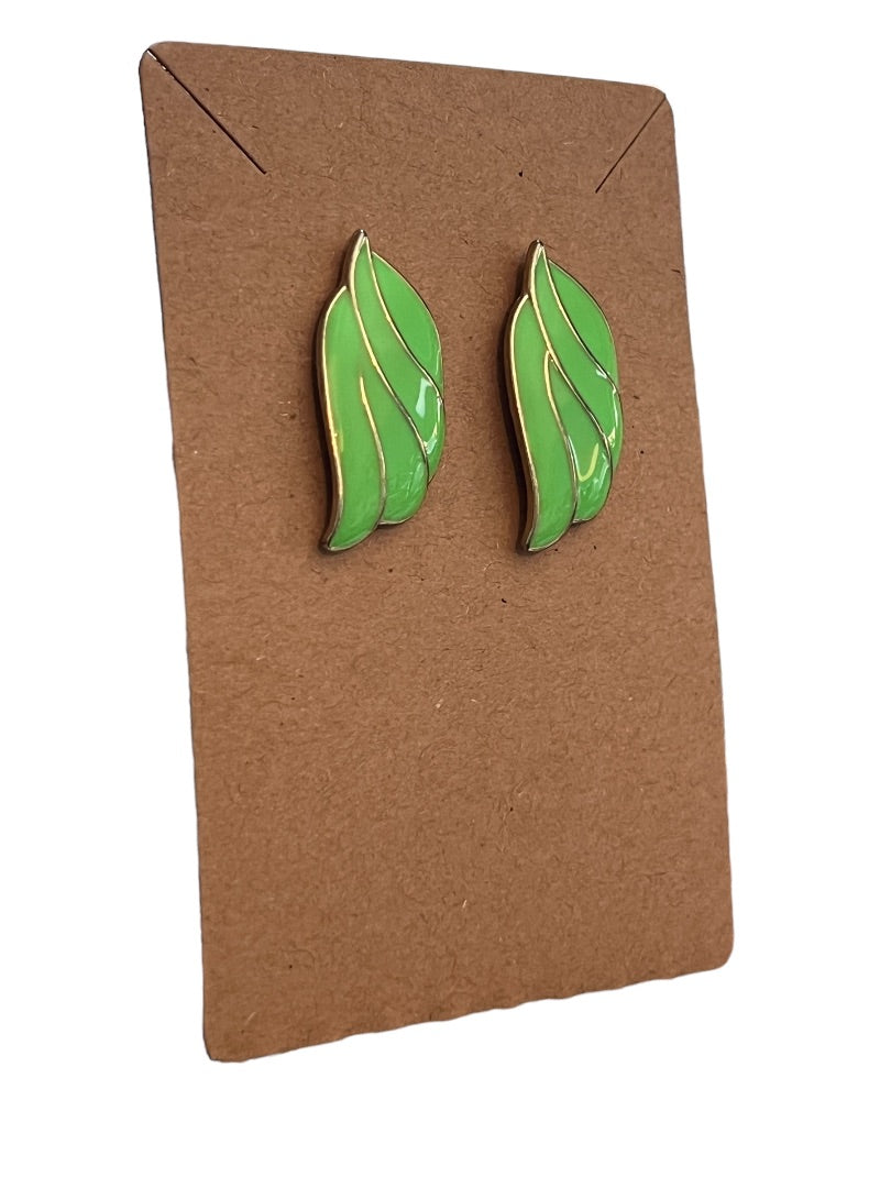 Vintage Goldtone Green Enamel Leaf Shape Post Earrings