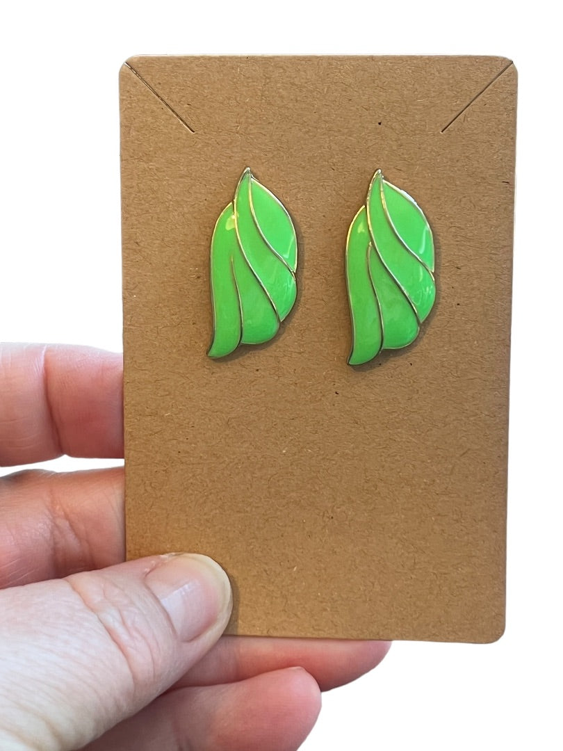 Vintage Goldtone Green Enamel Leaf Shape Post Earrings