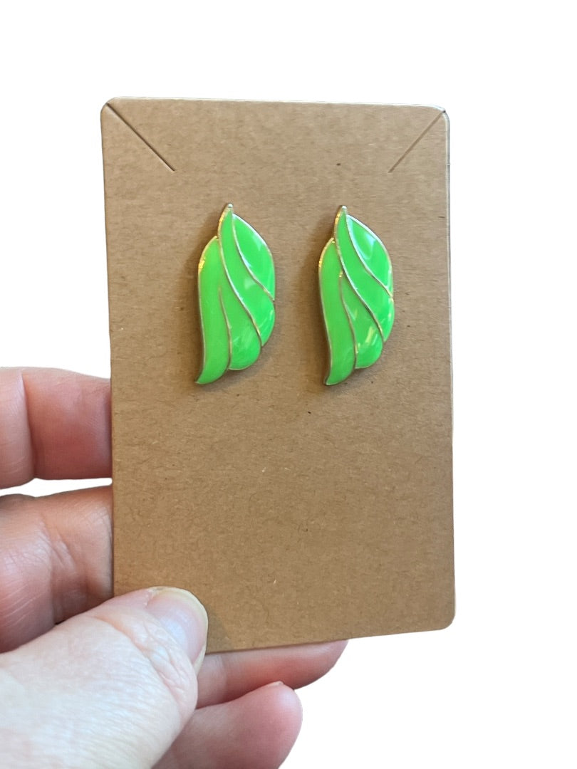 Vintage Goldtone Green Enamel Leaf Shape Post Earrings