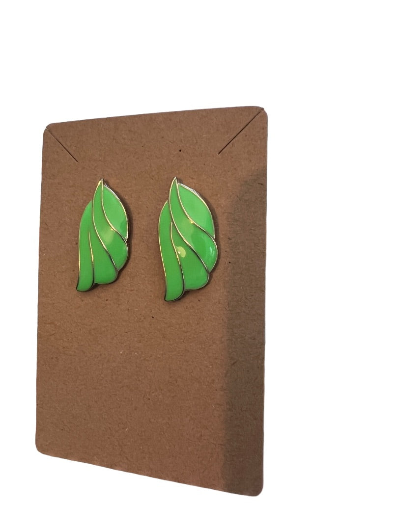 Vintage Goldtone Green Enamel Leaf Shape Post Earrings