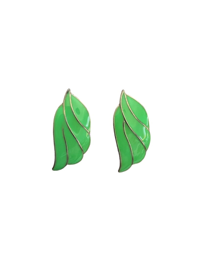 Vintage Goldtone Green Enamel Leaf Shape Post Earrings