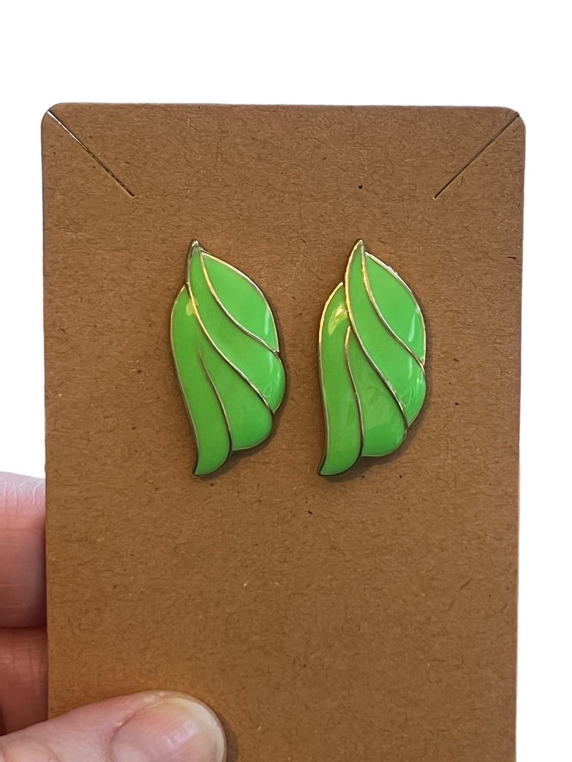 Vintage Goldtone Green Enamel Leaf Shape Post Earrings
