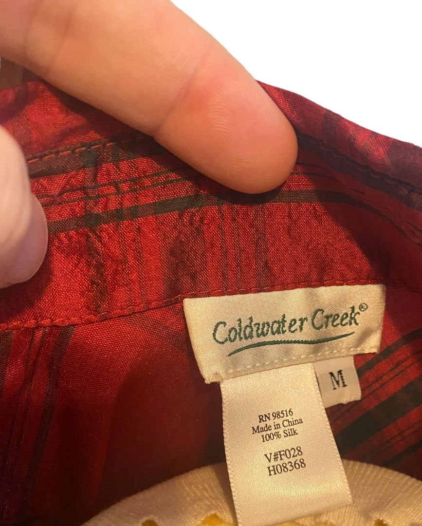Medium Coldwater Creek Silk Red and Black Plaid Blouse