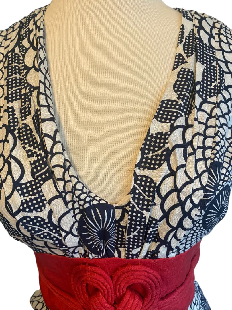 4 Beth Bowley Anthropologie Silk Blouse Navy Cream Floral Red knot