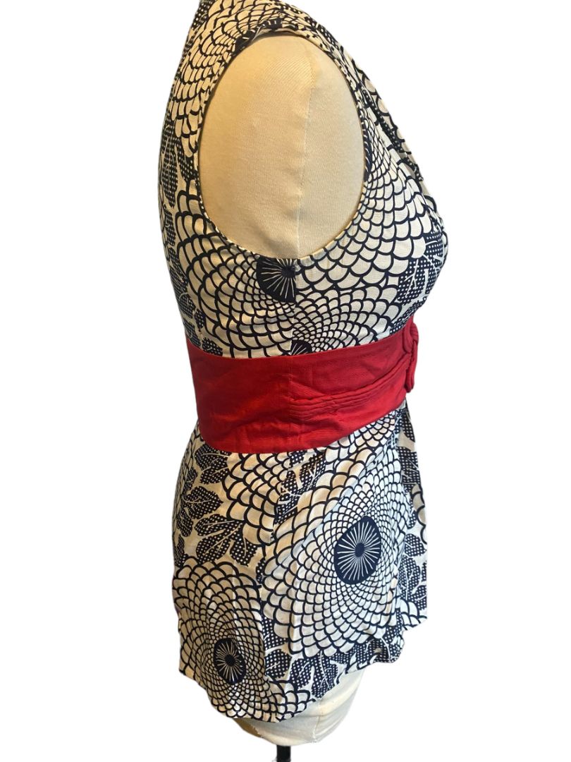 4 Beth Bowley Anthropologie Silk Blouse Navy Cream Floral Red knot