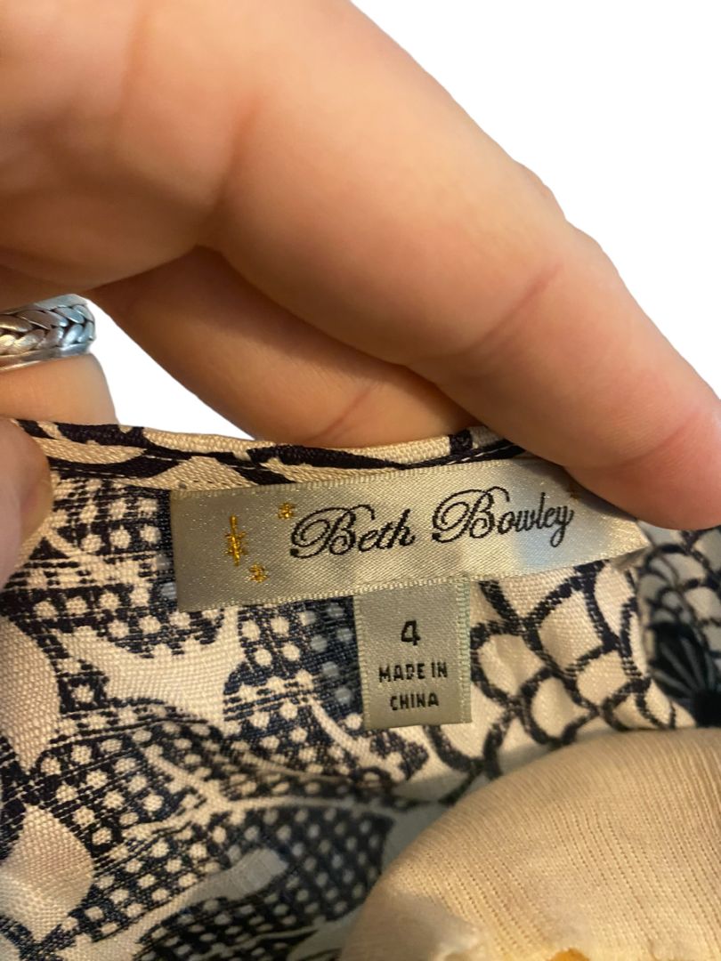 4 Beth Bowley Anthropologie Silk Blouse Navy Cream Floral Red knot