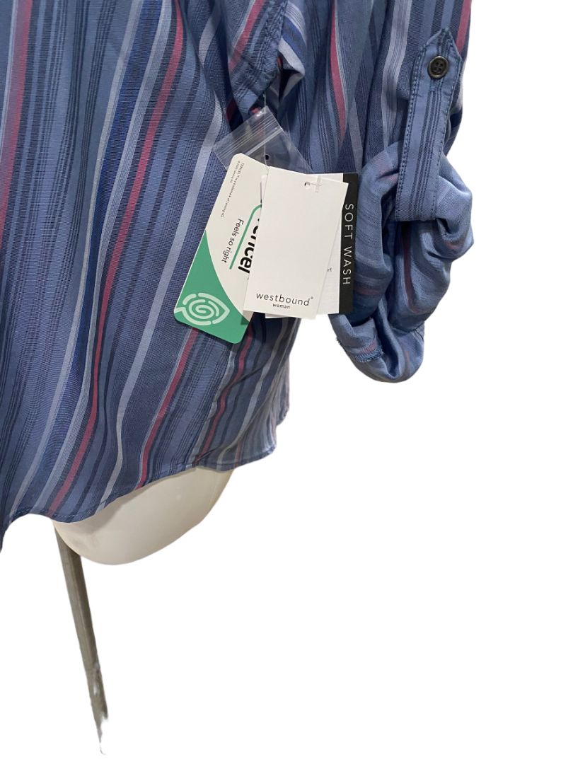 3X Westbound Woman Stripe Button Down Roll-Tab Sleeve Shirt Blouse Top Size