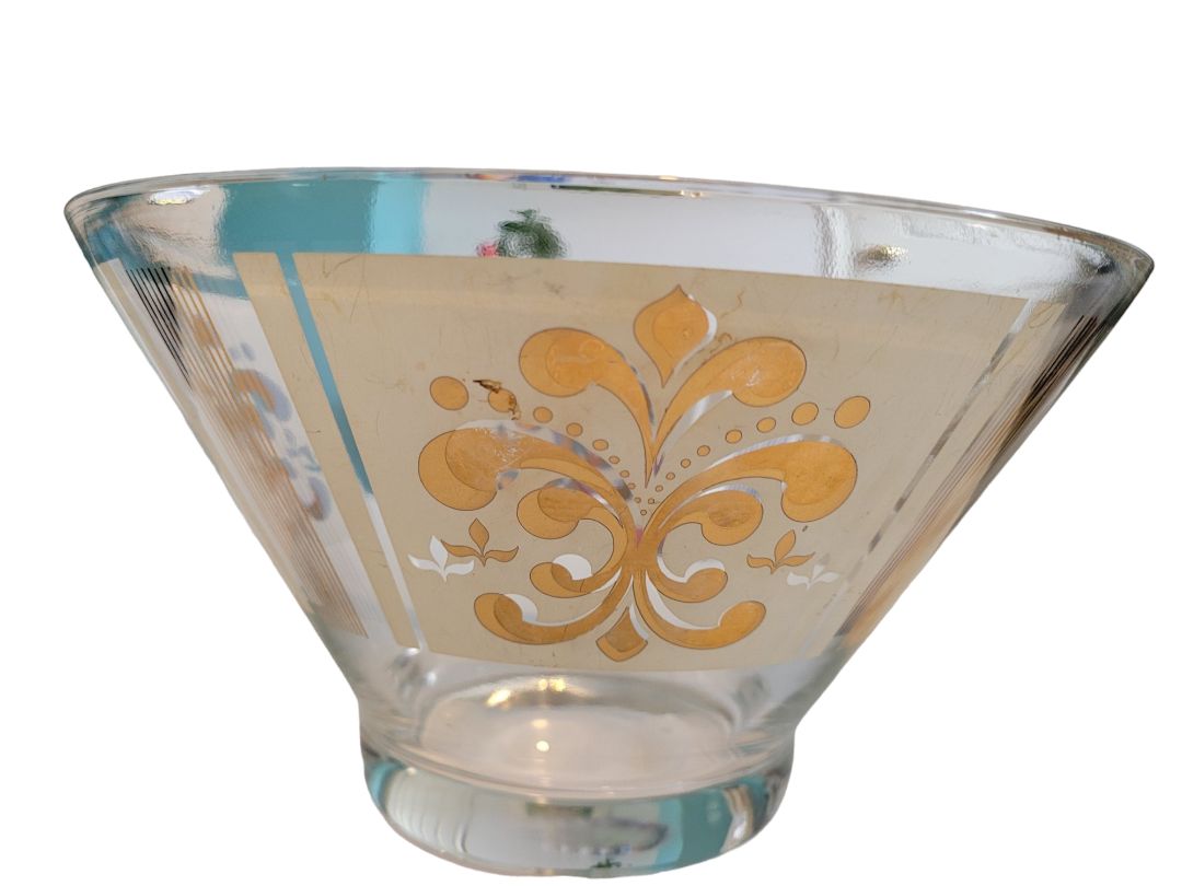 Anchor Hocking Glass Chip Bowl Fleur-de-lis 22kt Gold MCM Vintage
