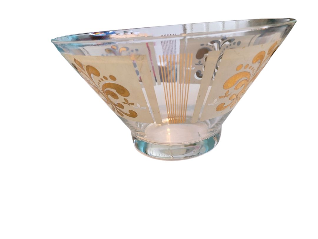 Anchor Hocking Glass Chip Bowl Fleur-de-lis 22kt Gold MCM Vintage