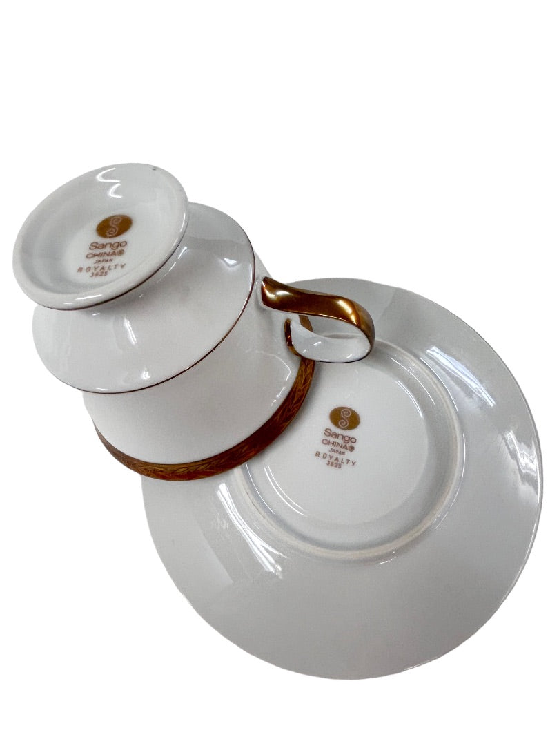 Sango Royalty Pattern White Gold Trim Tea Cup and Saucer 1970s