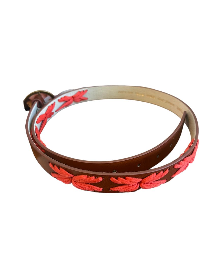 Medium Lodis NY Brown Leather Aztec Boho Neon Orange Stiched Women's Belt NEW Retail $59