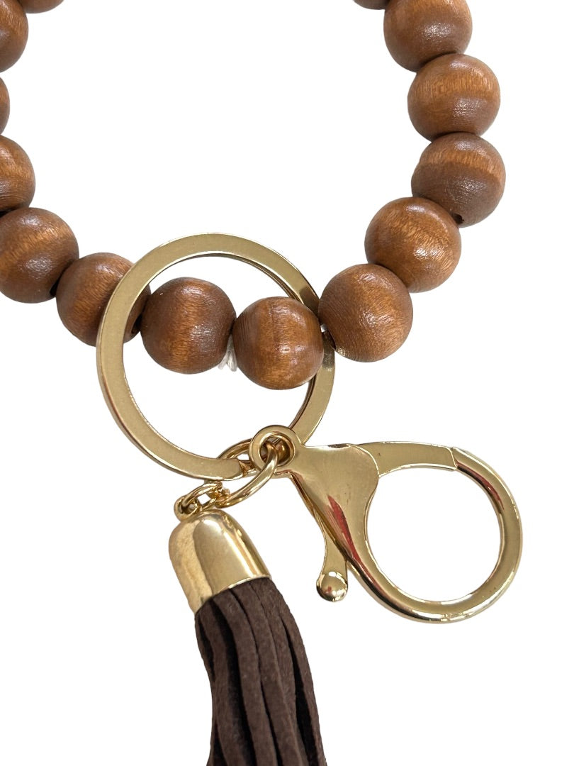 Wooden Bead Stretch Tassel Bracelet with Keychain Key Ring