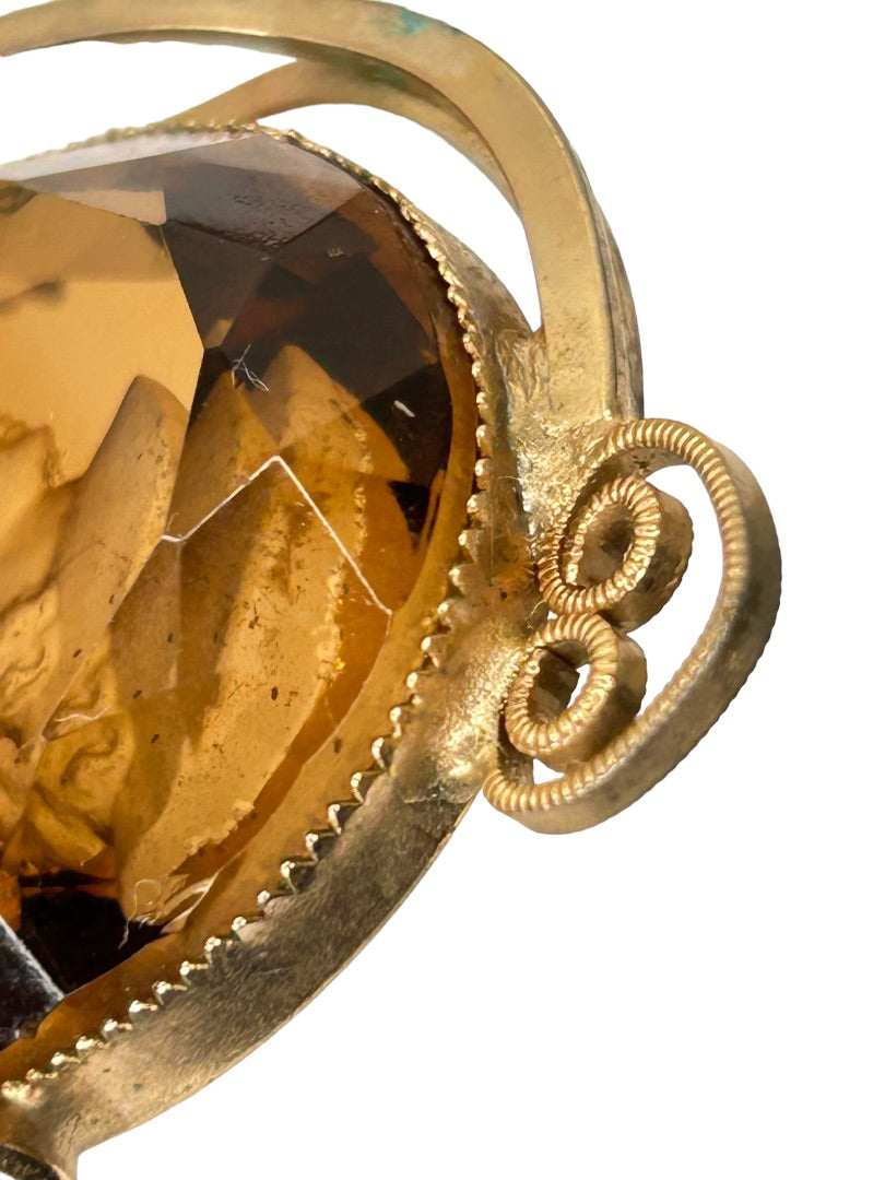 Amber Colored Intaglio Cameo Brooch Pin Goldtone Reverse 2 1/4"