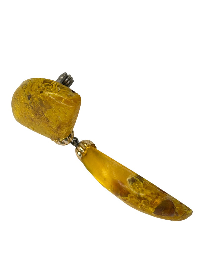 Vintage Yellow Faux Amber Resin Art Deco Style Brooch Pink 2.5" Drop