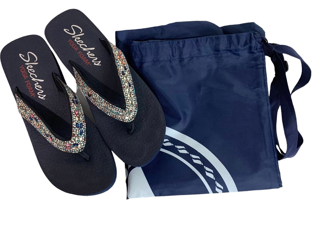 Size 8 Skechers Yoga Foam Platform Flip Flop Sandals Jeweled Navy Blue