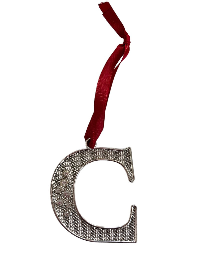 Harvey Lewis Silvertone "C" Initial Ornament 2" on Red Ribbon