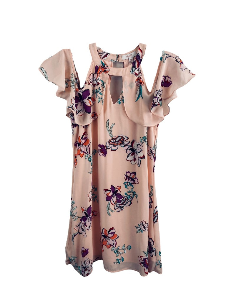 XS Candie's Pink Lined Cold Shoulder Halter Shift Dress Floral