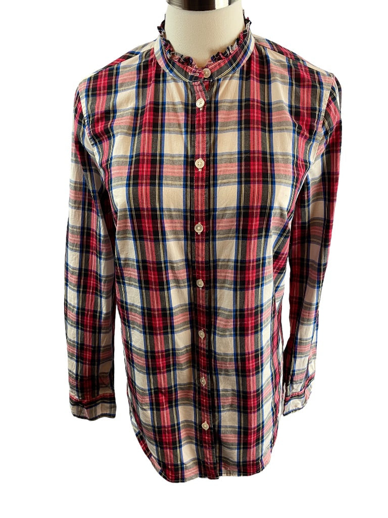 XS J.Crew Womens Plaid Button Up Ruffle Collar Blouse Stretch Cotton