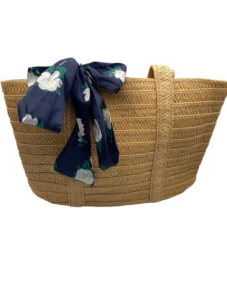 Draper James Lined Straw Tote Handbag Natural Navy Blue Purse Scarf
