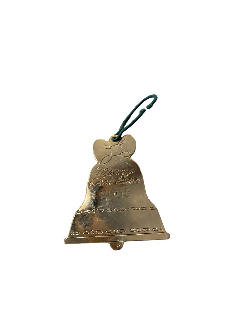2005 Holiday Christmas Bell Ornament Duchin Made in USA 2.5"h Goldtone Flat