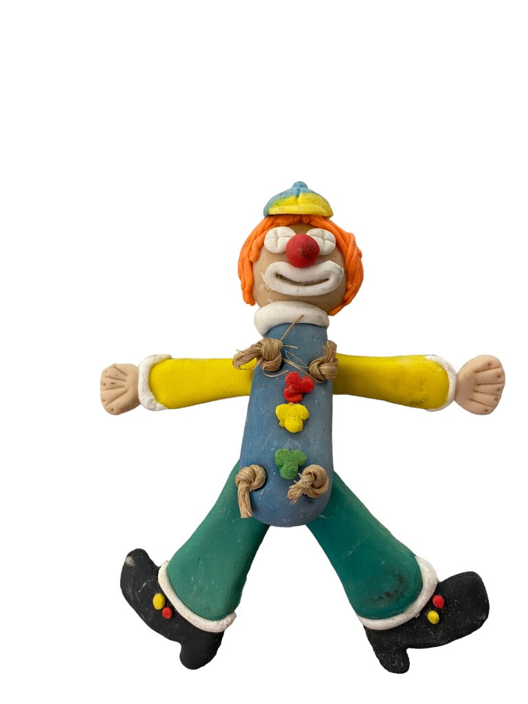 Handmade Clay Clown Articulated Magnet 5" Blue Green Yellow with Cap