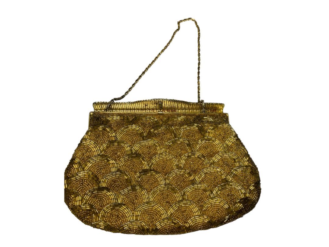 Goldtone Beaded Handbag Convertible Clutch with Chain Strap Evening Bag