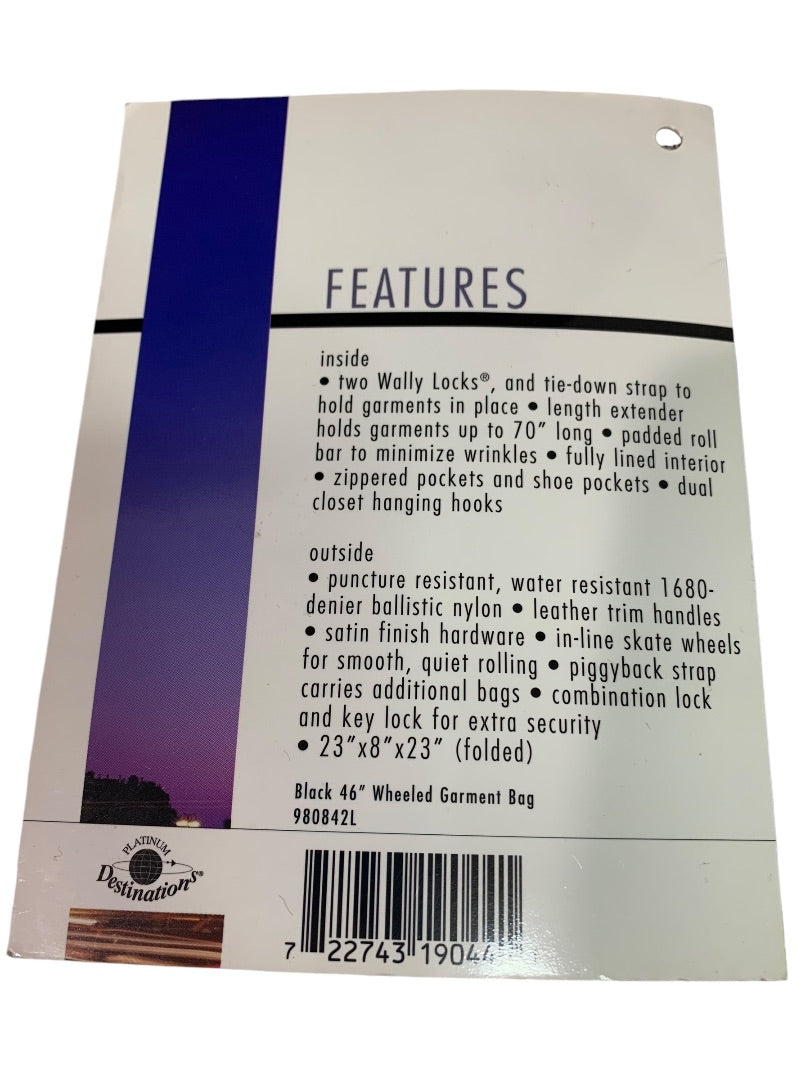 Destinations Black 46" Wheeled Garment Bag Luggage Travel 980842L