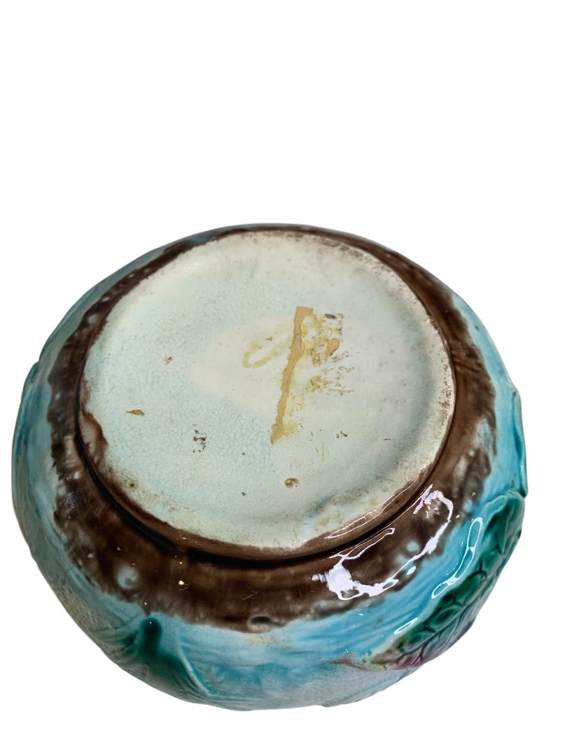 Antique Majolica Lily Pond Lidded Jar Blue Yellow Flower