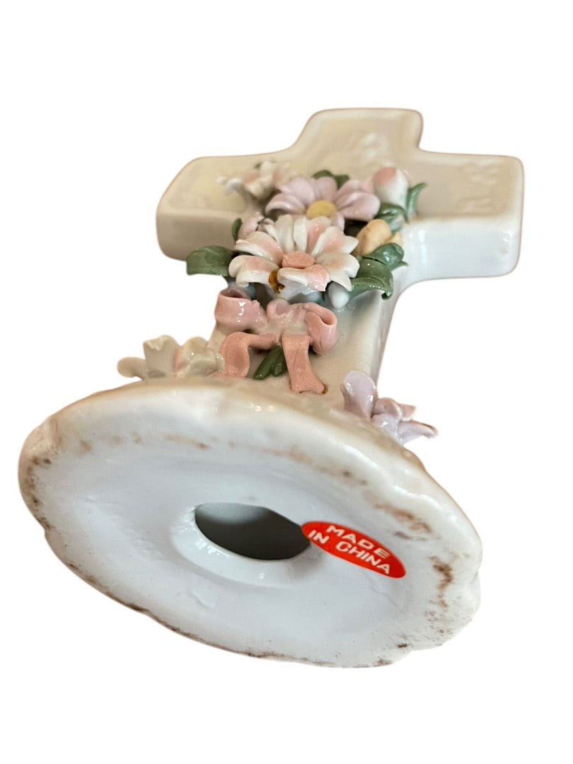 Praying Hands Floral Cross 1998 5.5 Inch Freestanding Floral
