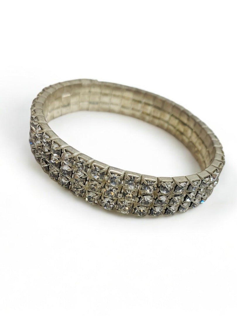 Vintage Rhinestone 3 Row Stretch Bracelet Silvertone Setting