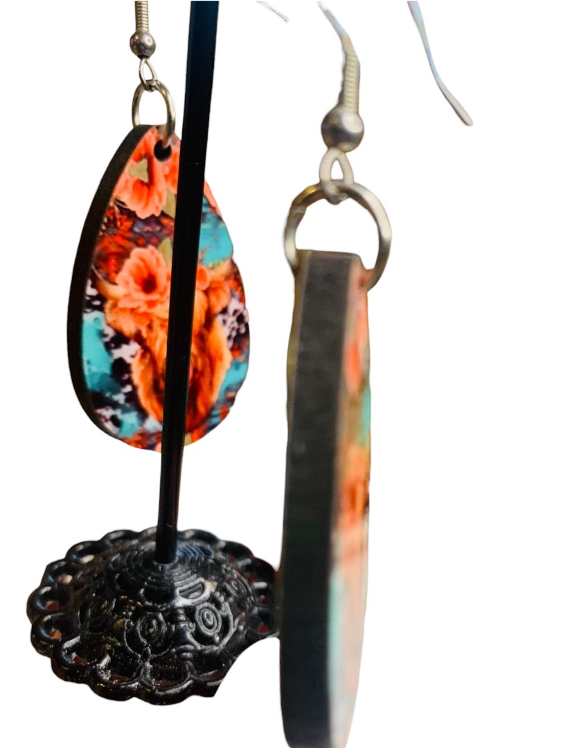 Highland Cow Floral Hook Pierced Earrings Lightweight Double Sided 2.4" Drop