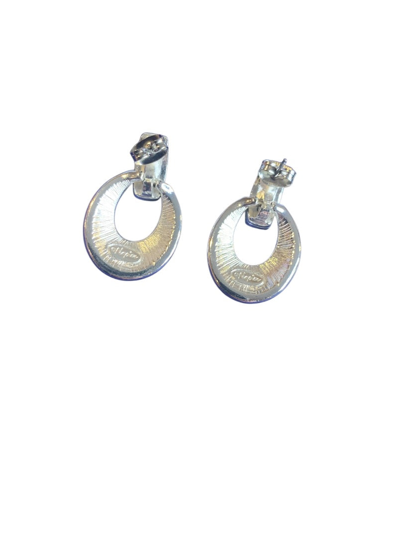 Signed Napier Post Pierced Earrings Doorknocker Silvertone Rhinestone