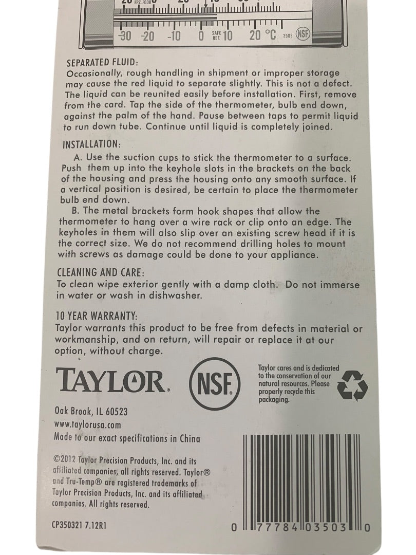 Taylor Refrigerator Freezer Thermometer Analog 3503-21 Stick Clip Hang
