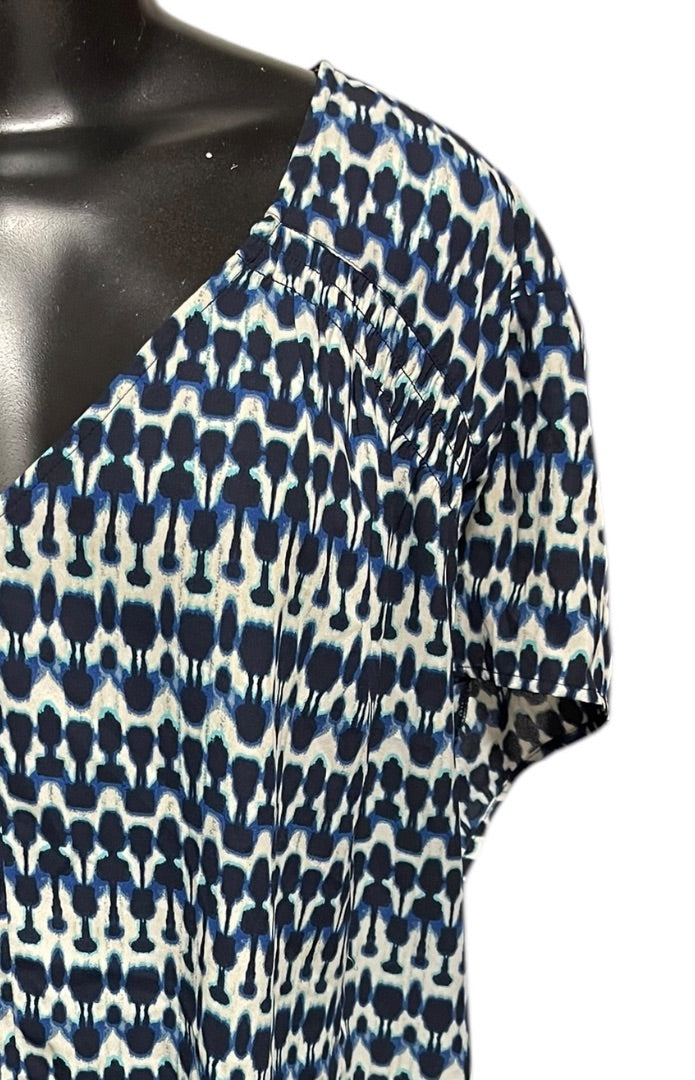 Size 24W Sejour Capsleeve V-Neck Womens Geometric Patterned Shirt Blouse Blue