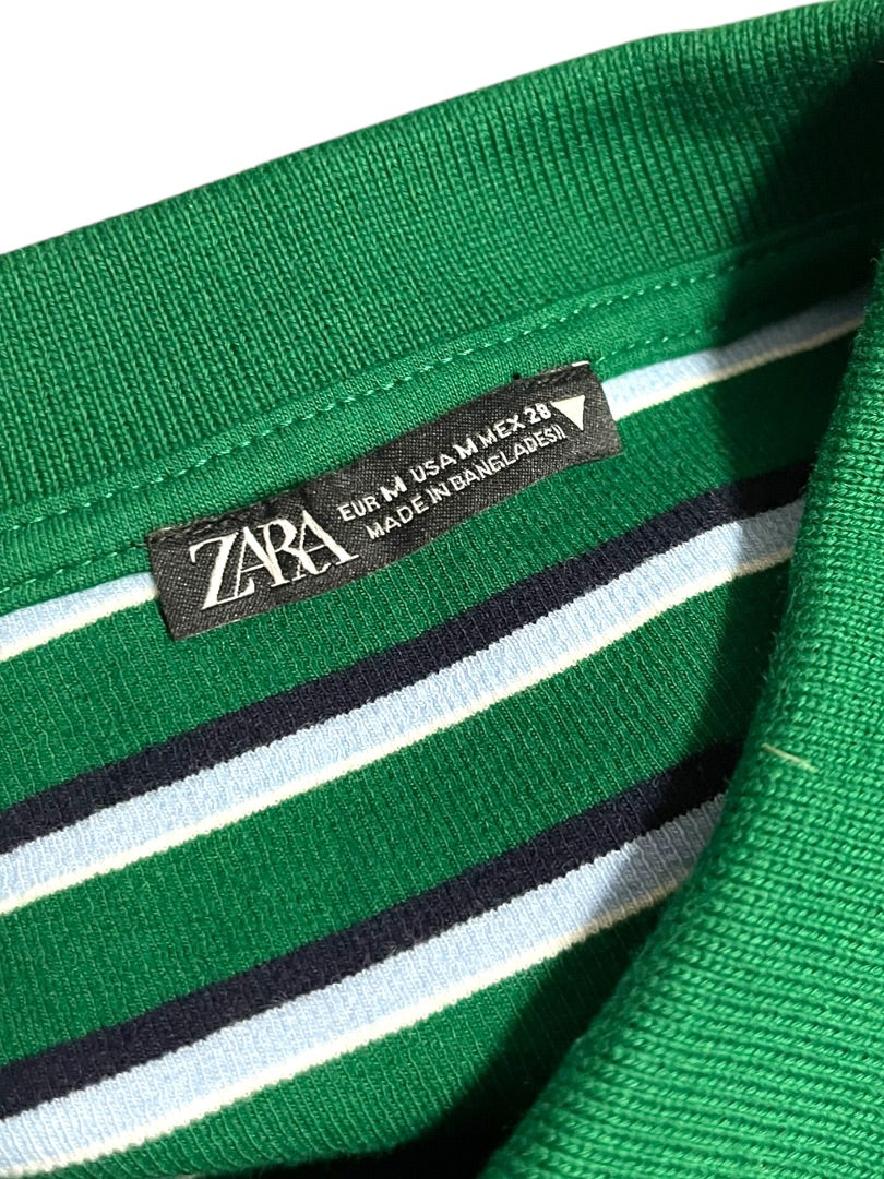 Medium Zara Womens Fitted Waist Length Striped Polo Shirt Green